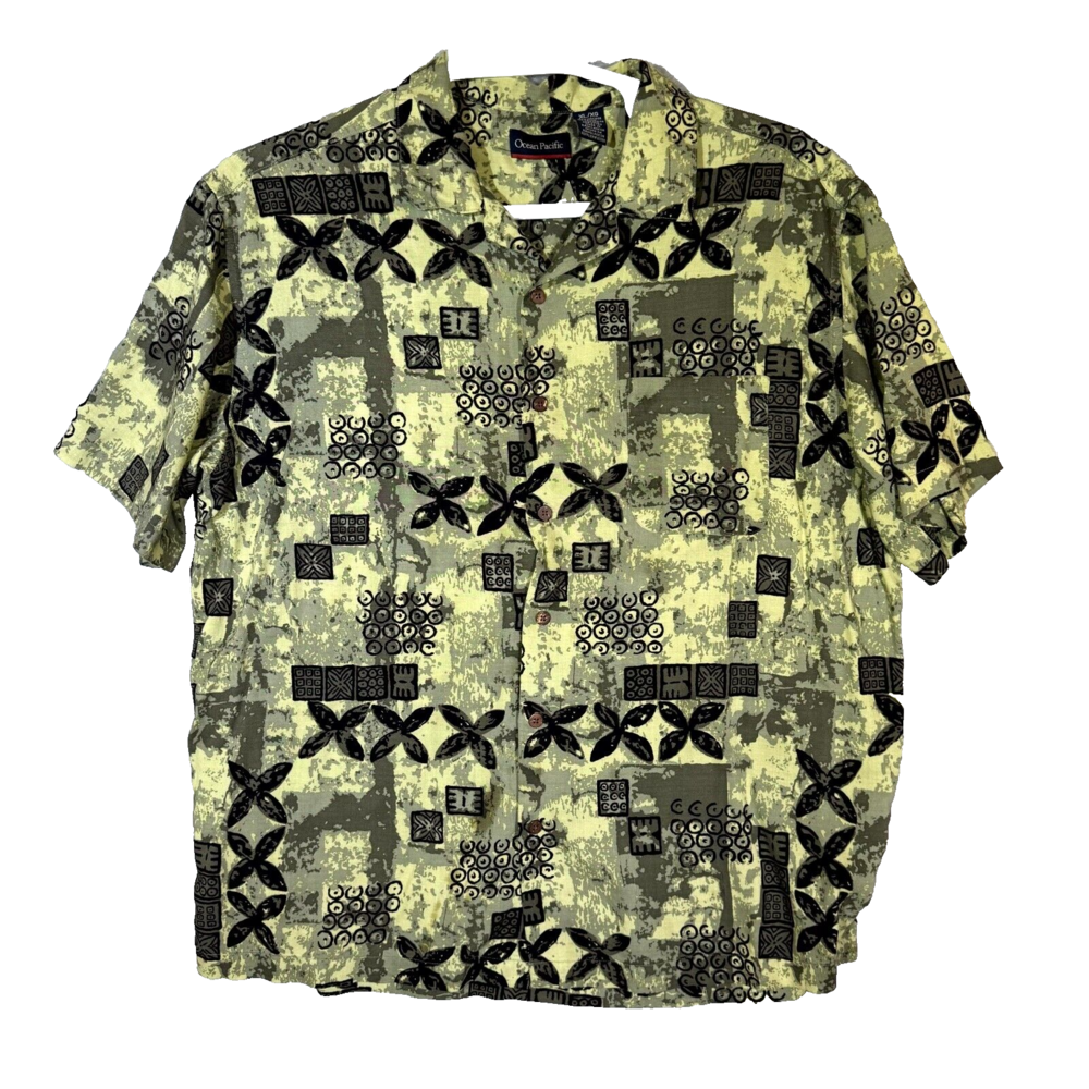 Ocean Pacific Men's Shirt XL Green Hawaiian Tropical Viscose Short Sleeve